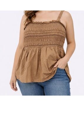 Old Navy Smocked Cropped Top Tan Brown Embroidered Sz L.  Cottagecore Boho